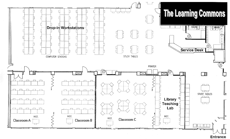 Floor plan of the Health Sciences Library Commons Computer Lab.