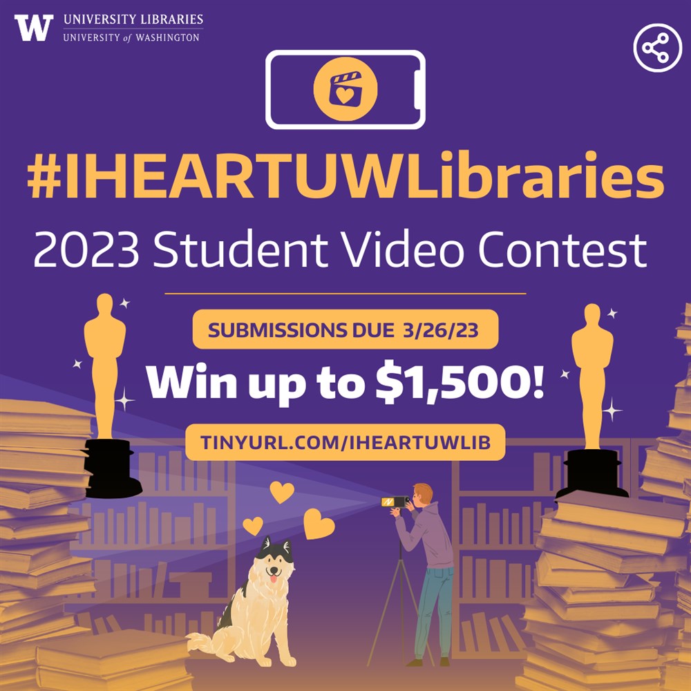 Promotional poster for the UW Libraries' #IHeartUWLibraries 2023 student video contest