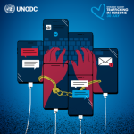 Image with handcuffed hands using keyboard.