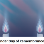 Four candles with pink white and blue flames with text 'Transgender Day of Remembrance'