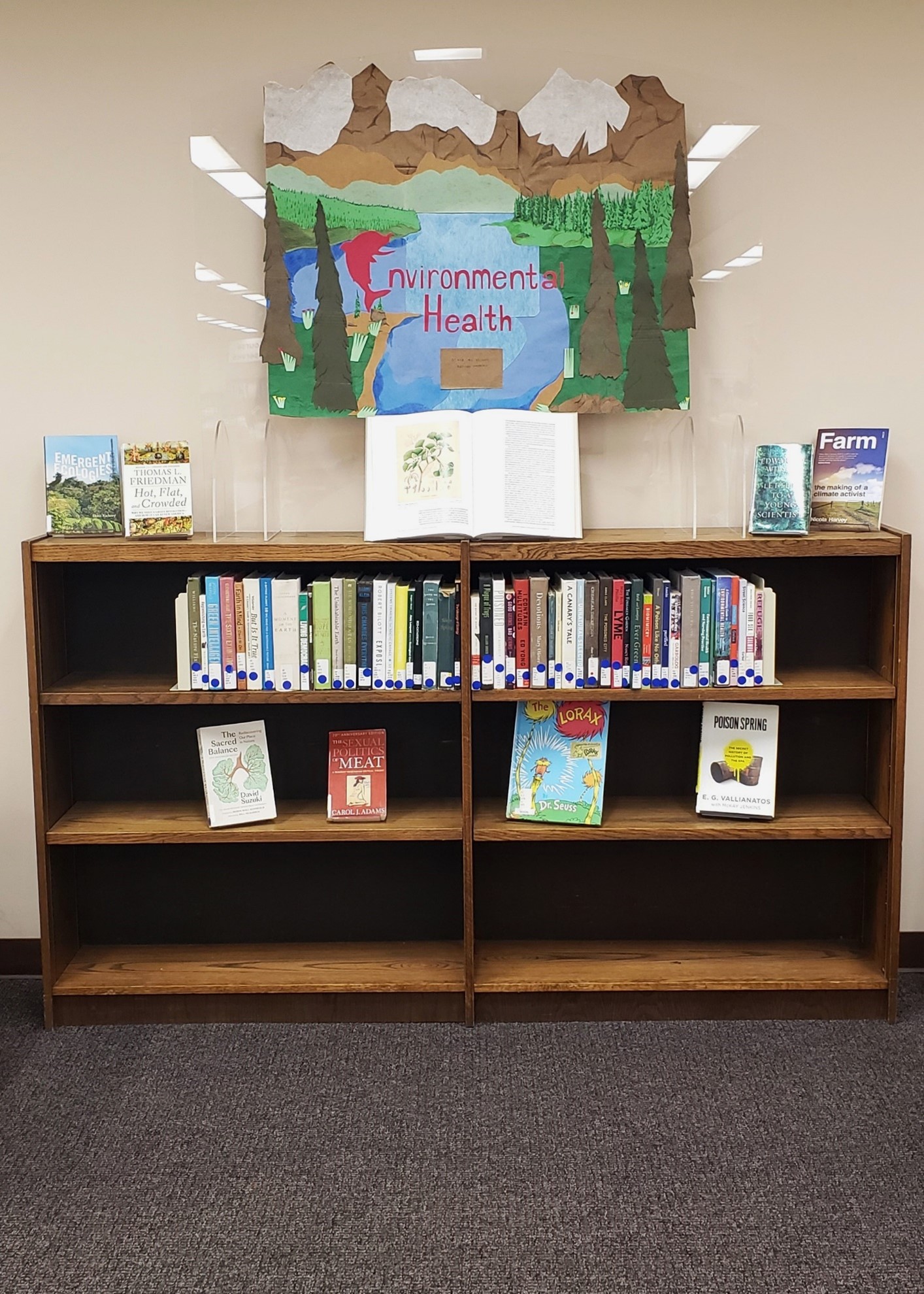 Bookshelf displaying the environmental health exhibit in the UW Health Sciences Library,