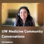 Screencapture of one person in a Zoom room promoting UW Medicine Community Conversations