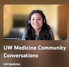 Screencapture of one person in a Zoom room promoting UW Medicine Community Conversations