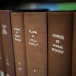 Close-up detailed rows of ecology books