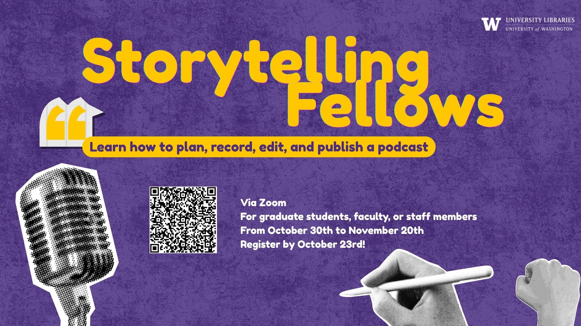 Promotional flyer for the Storytelling Fellows podcast series